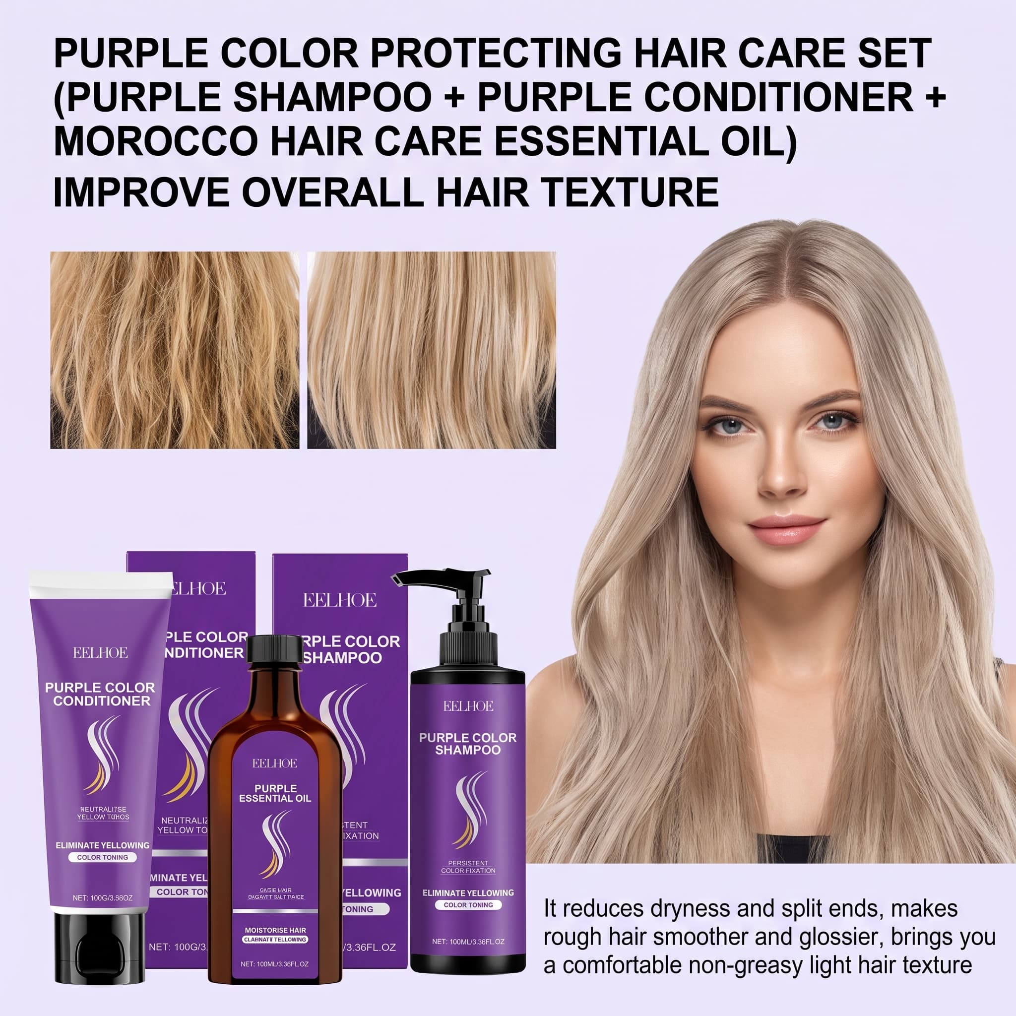 Hair Care Conditioner - Zestaw szamponu fioletowego z odżywką, olejkiem